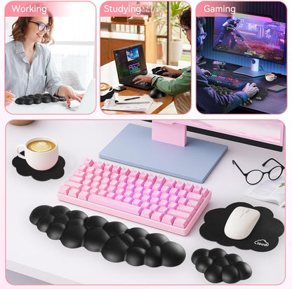 Cloud Wrist Rest for Computer Keyboard, 4-in-1 Memory Foam Leather Cloud Keyboard Wrist Rest and Mouse Pad Set with Ergonomic Support for Arm and Palm Cushion, Gaming/Work Setup, Black