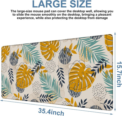 Large Mouse Pad Palm Leaves Gaming Desk Pad Computer Keyboard Non-Slip Waterproof Mouse Mat with Rubber Base and Stitched Edges Entertainment Office Writing Desk Mat 35.4 x 15.7 Inches