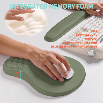 2-in-1 Ergonomic Set, Wave Rise Keyboard Wrist Rest and Massage Bulge Slope Mouse Pad Wrist Support, Cushion Memory Foam Integrated to Relieve Wrist Pain, Olive Green