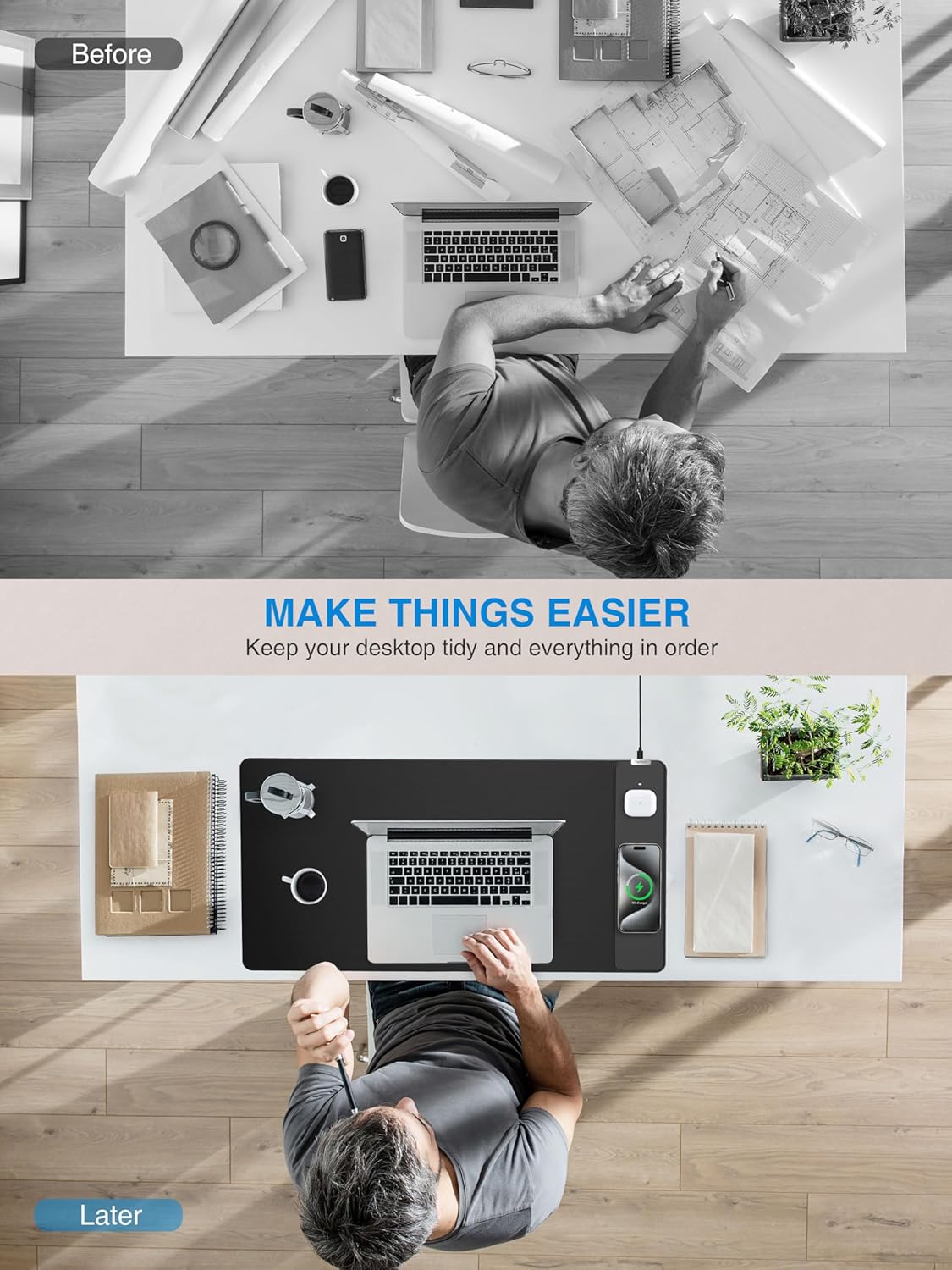 TopMade Mouse Pad with 15W Wireless Charging, Waterproof Gaming Mousepad with Ultra-Smooth Surface, Non-Slip Base, 31.5"x15.75" XXL Large Desk Pad (Includes 20W PD Power Adapter & 6.56ft Woven Cable)