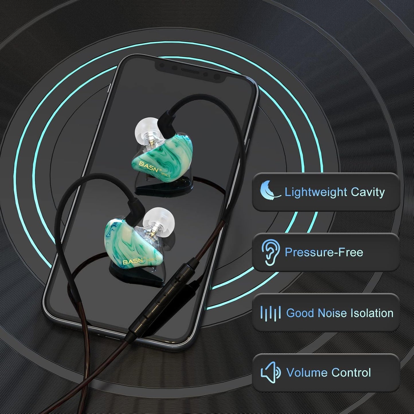 BASN MMCX in Ear Monitor Headphones,Triple Driver IEM in-Ear Earphone for Musician Drummer, Noise-Isolation HiFi Stereo Earbuds with Two Detachable Cables(Bluish White)