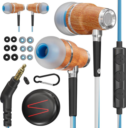 Symphonized NRG 3.0 Wired Earbuds with Microphone, Wooden Phone & Laptop Headphones, 90% Noise Cancelling Corded Earphones with 3.5mm Jack (Blue)