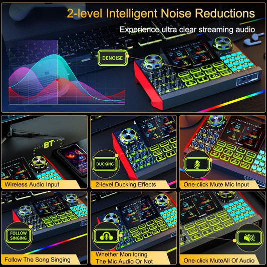 podcast microphone bundle, Live Sound Card with Audio Interface, All-in-One Audio Mixer with Voice Changer, Condenser Microphone for Live Streaming, Singing, Gaming, and Content Creation.