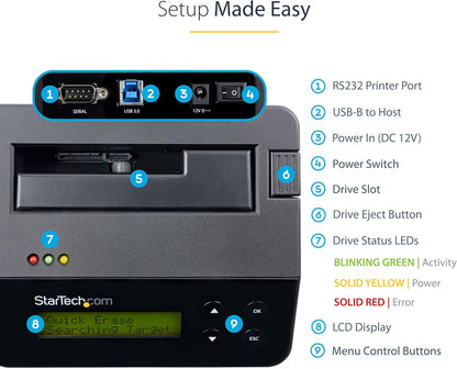 StarTech.com Single Bay Hard Drive Eraser, Standalone HDD/SSD Disk Wiper/Sanitizer, 4Kn, USB 3.0 to SATA III, 9 Erase Modes, LCD, RS232 Printer Port, Hardware Erasing Tool, TAA Compliant (SDOCK1EU3P2)