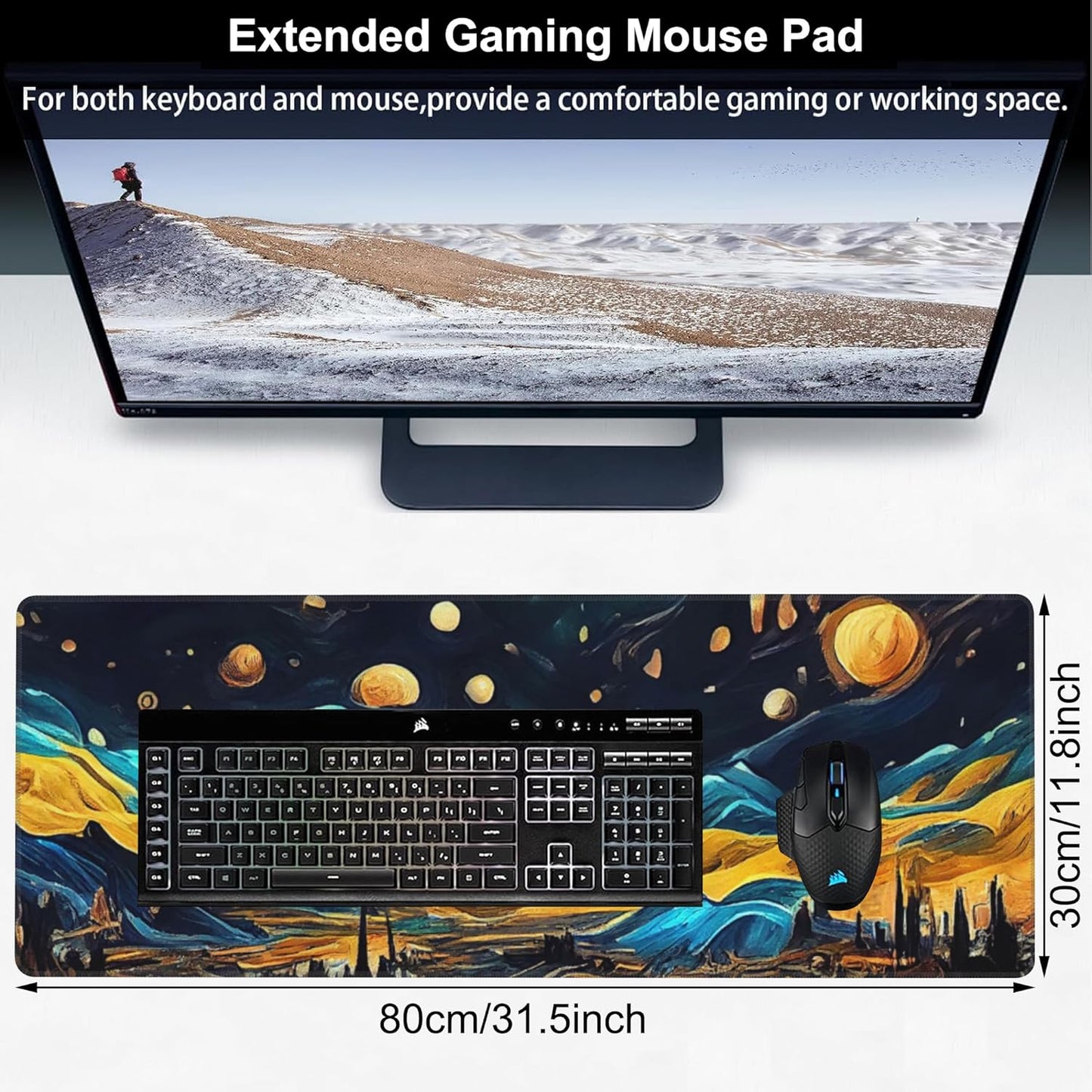 The Starry Night Desk Mat,Large Vincent Van Gogh Oil Painting Gaming Keyboard Mouse Pad,Non-Slip Rubber Base Desk Pad Thick Stitched Edges Waterproof Mousepad Mouse Mat 31.5"x11.8"