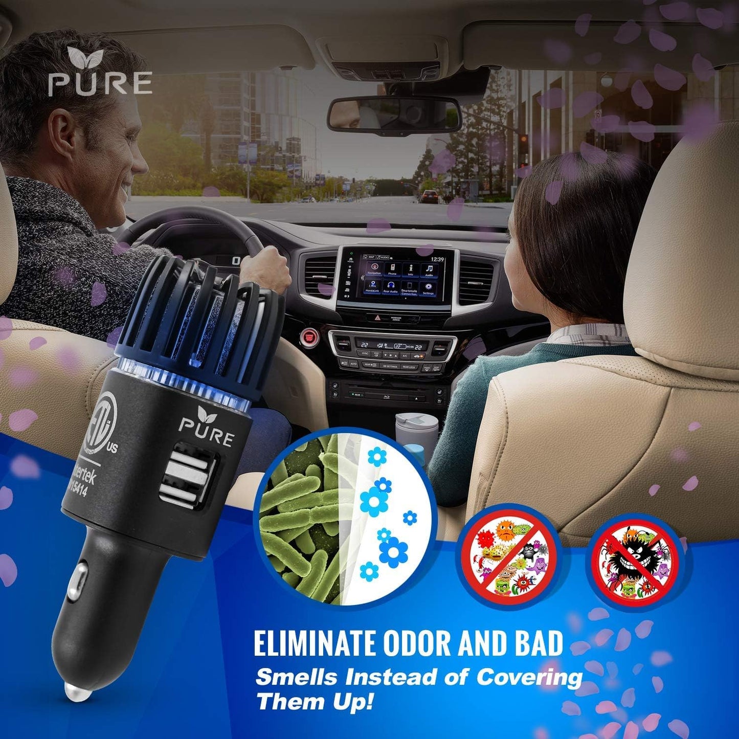 Car Air Purifier ARB Certified 3in1 Premium Stainless Steel Air Filter Ionizer w/Dual USB Ports - Eliminate Allergens Odor Smell, Smoke, Pets, Pollen Mold Bacteria w/Anti-Microbial Deodorizer