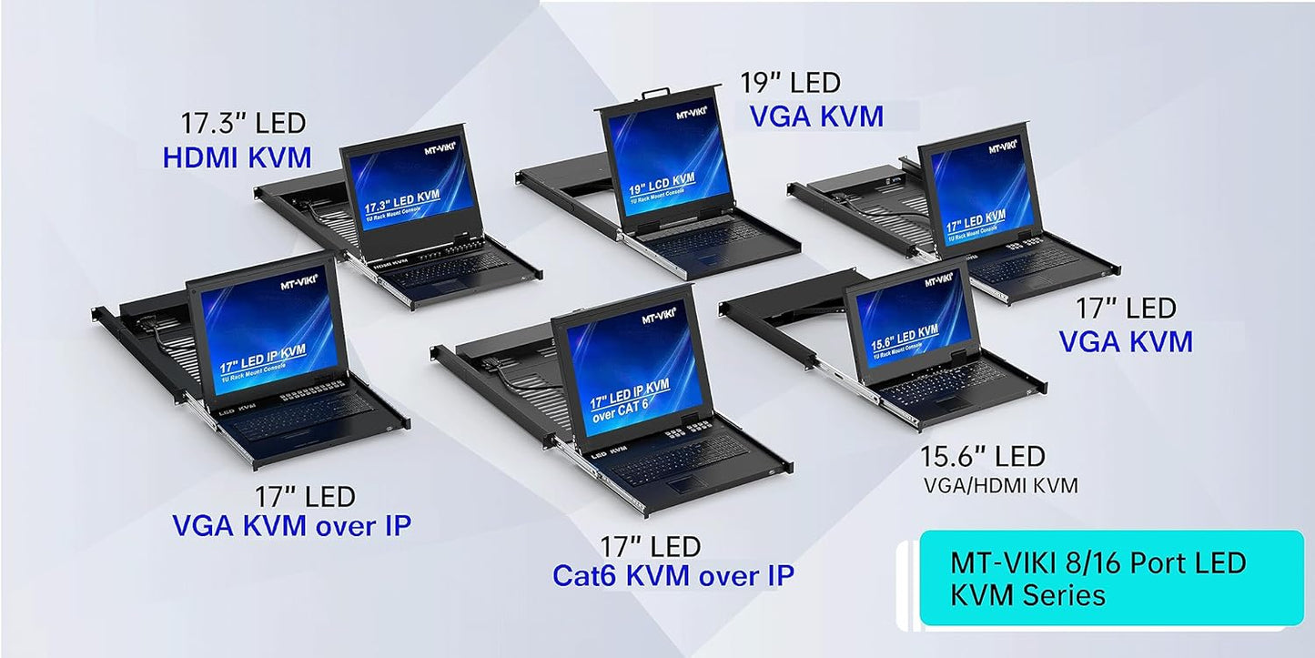 MT-VIKI Rack Mount KVM, 8 Port KVM VGA Switch w/15.6'' LCD Monitor, 1080P, Mount into 23.6-31.5'' deep Server Cabinet, Integrated Touchpad+Keyboard+8 KVM Cables