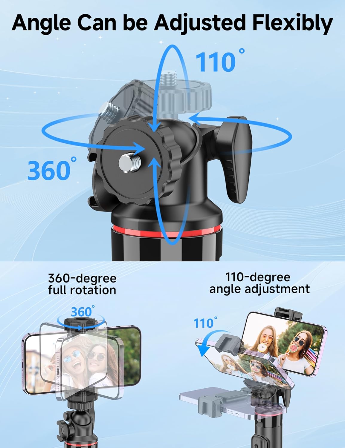 Aluminum Selfie Stick Phone Tripod, 360° Ball Head Selfie Stick for iPhone with Cold Shoe, Extendable Smartphone Tripod Stand with Remote Portable Travel Tripods Compatible with iPhone 16/15/Android