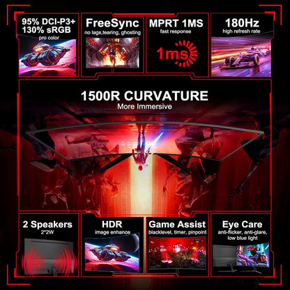 SANSUI 27 Inch Curved Gaming Monitor 180Hz 1ms with Speakers FHD 1080P Computer Monitor FreeSync|1500R|130% sRGB|HDR|Low Blue Light|HDMI DP Ports|VESA Mount|Metal Stand(ES-G27C1 HDMI Cable Incl.)