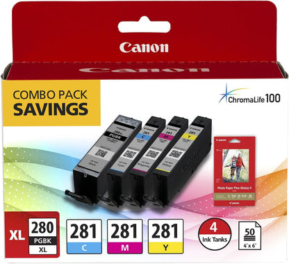 Canon PGI-280XL PGBK/CLI-281CMY Ink and Photo Paper Bundle