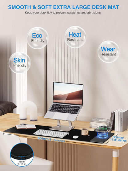 TopMade Wireless Charging Mouse Pad, 31.5"x11.81" XL Large Gaming Mousepad, Waterproof Desk Pad with Ultra-Smooth Surface, Non-Slip Base, Computer Keyboard Mat for MacBook, PC, Laptop