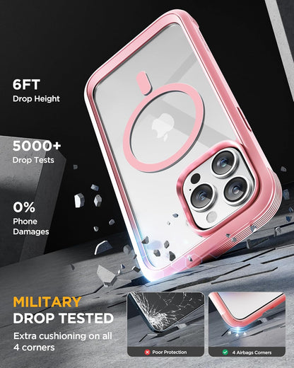 Miracase Magnetic for iPhone 15 Pro Case [Compatible with MagSafe] Full-Body Phone case with Built-in Glass Screen Protector& Camera Protector, Military Drop Proof 15 Pro Cover, Magnetic Pink