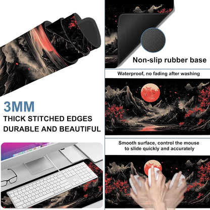 Chinese Style Painting Gaming Mouse Pad 3mm Thick Stitched Edge Waterproof Non-Slip Large Computer Keyboard Mouse Mat,Suitable for Office Entertainment Decorative Desk Pad 35.4 x 15.7 Inches