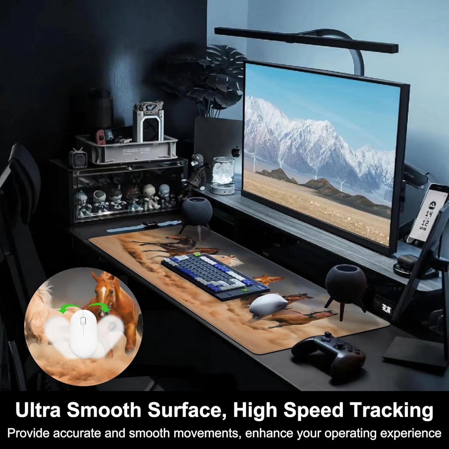 Mouse Pad, Large Running Horse Herd Desk Mat, Extended Non-Slip Gaming Keyboard Mousepad Desk Pad, Thick Stitched Edges Waterproof Mouse Mat 31.5"x15.7" (Horse Herd in Desert Sand Storm)