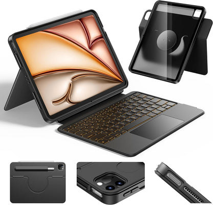 HOU iPad Air 11 Case with Keyboard (M3 2025, M2 2024) Detachable Rotatable Magnetic Full Protection Case, 7-Color Backlight, Touchpad, Elastic Pen Holder for iPad Pro 11 (4th-1st) & Air (5/4th)–Black