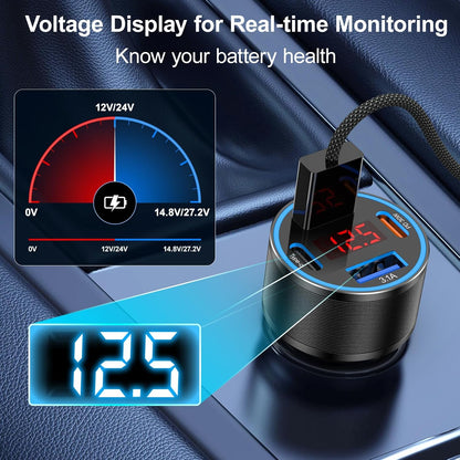 USB C Car Charger,2Pack 65W 4 Port Fast Charging Car Phone Charger with Voltage Display,Multi Port Cigarette Lighter Adapter USB Chargers for iPhone 16 15 14 13 Pro Max,Galaxy S25,iPad,Pixel,Android