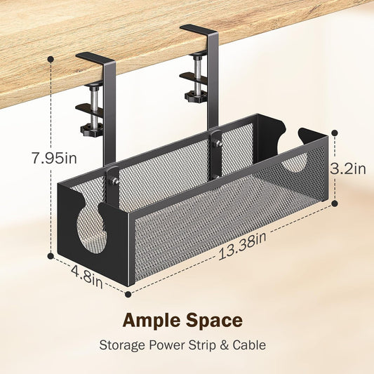 DELAMU Under Desk Cable Management Tray, No Drill Metal Mesh Cable Management Under Desk with F-Clamp Mount & 2 Open Holes, Cord Organizer for Home Office, 1 Pack, Black