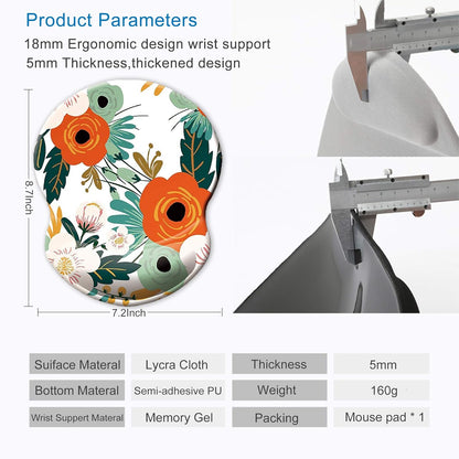 ITNRSIIET Ergonomic Mouse Pad with Gel Wrist Support Small Wrist Rest Smooth Surface Non-Slip PU Base Comfortable Office Supplies Pain Relief, 8.7 x 7.2 inches, Orange Flower