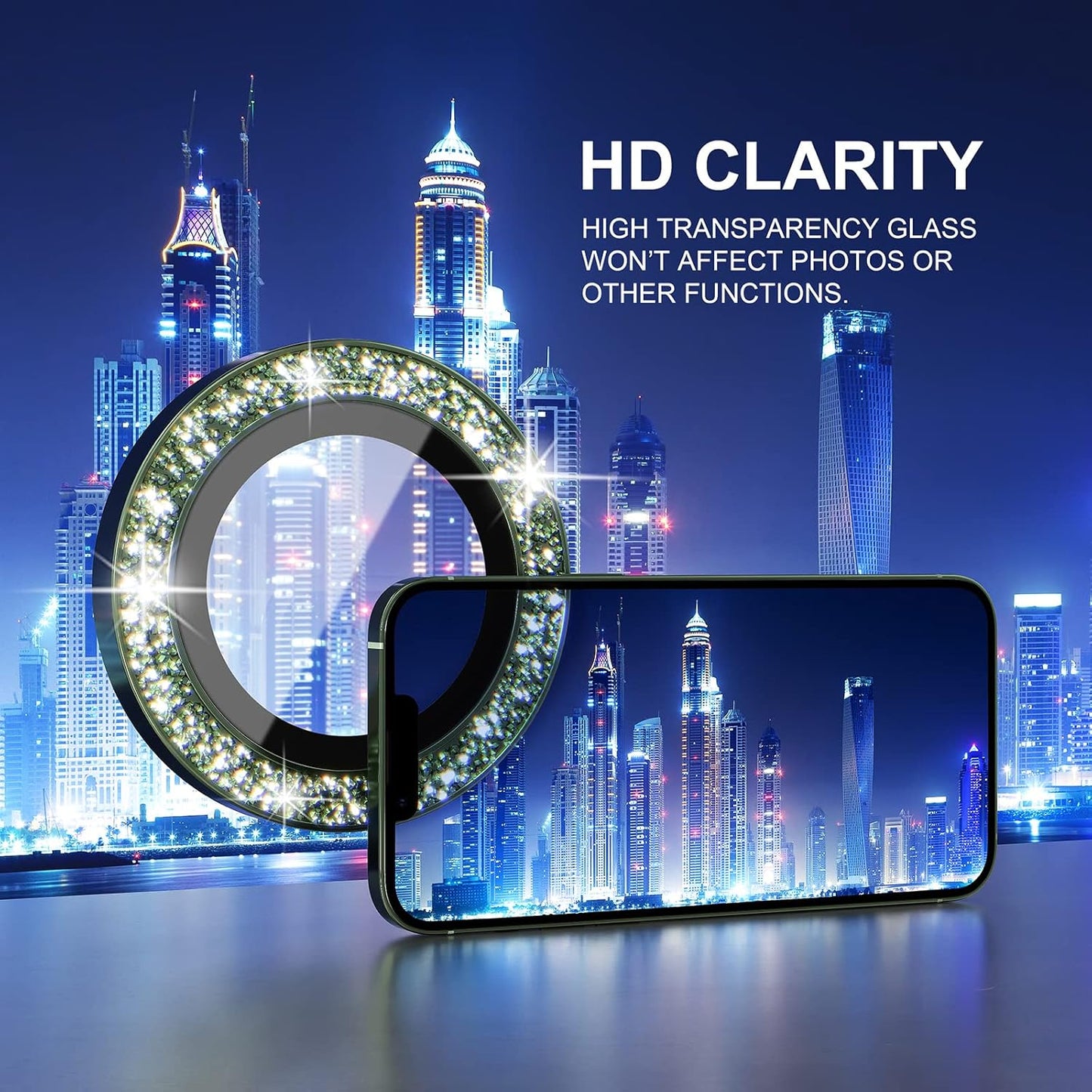 Choiche [3+1 for iPhone 13 Pro/iPhone 13 Pro Max Camera Lens Protector Bling, 9H Tempered Glass Camera Cover Screen Protector Metal Ring Decoration Accessories (Glitter-Alpine Green)