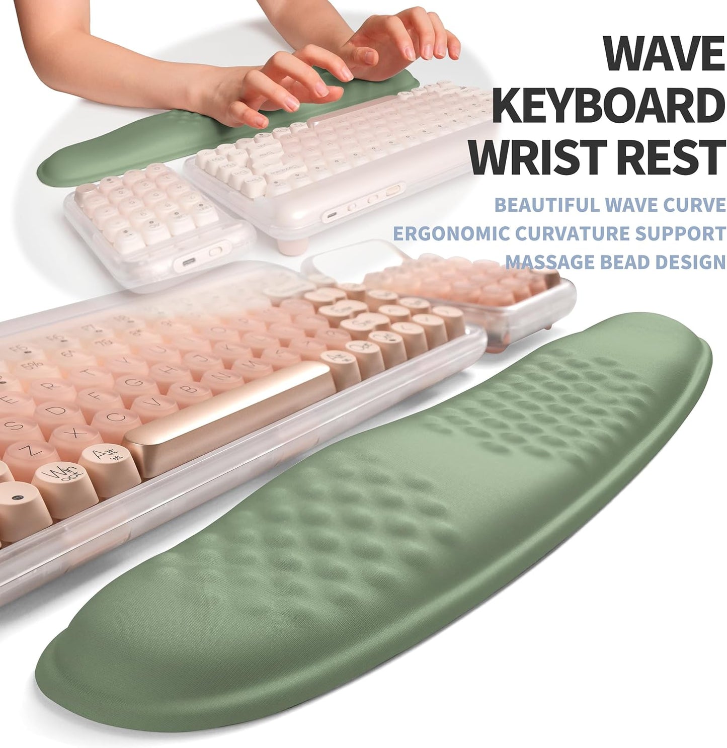 2-in-1 Ergonomic Set, Wave Keyboard Wrist Rest and Massage Slope Mouse Pad Wrist Support, Rebound Memory Foam for Relieve Carpal Tunnel Syndrome and Wrist Pain (Olive Green)
