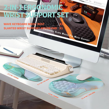 2-in-1 Ergonomic Set, Wave Rise Keyboard Wrist Rest and Massage Bulge Slope Mouse Pad Wrist Support, Cushion Memory Foam Integrated to Relieve Wrist Pain, Blue Gold Marble