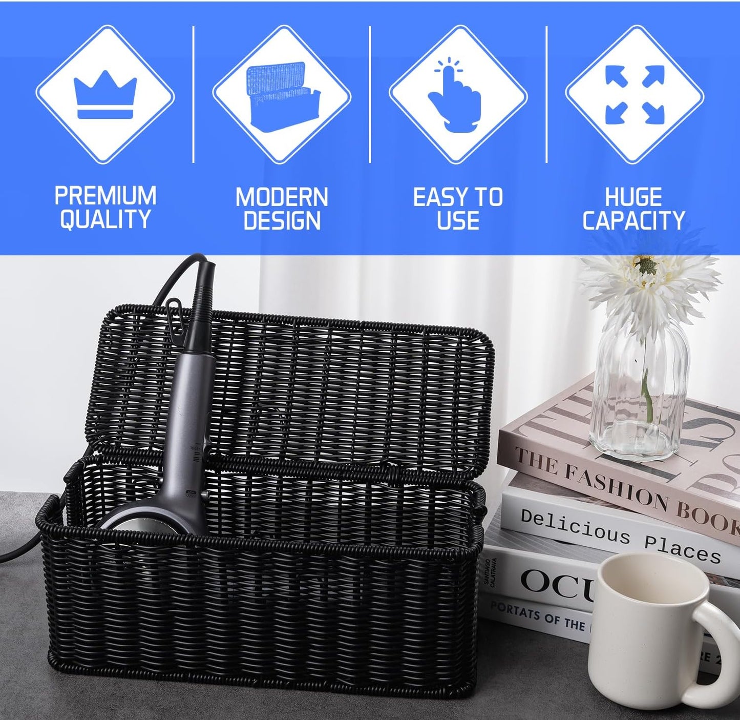 Cable Management Box, Handmade Rattan Cable Organizer, 2 Open Slots Cords Hider Box, Under Desk Cord Organizer for Computer Router USB Hub & Power Strip, Patent Pending, 13" x 5.1" x 5.1", Black