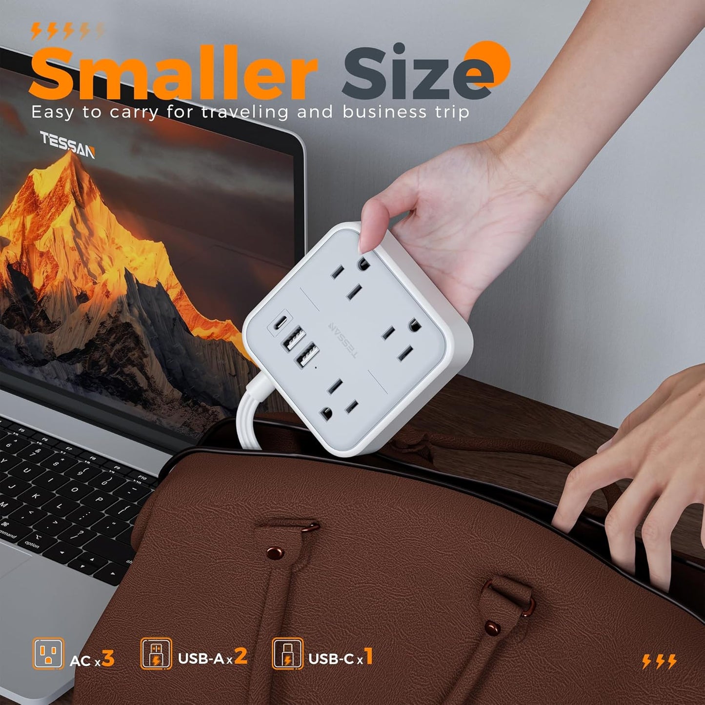 TESSAN Ultra Thin Flat Extension Cord 5 FT, Slim Power Strip with USB Ports (1 USB C), Surge Protector Flat Plug Wall Charger with 3 Outlets for Office, School, Dorm Room Essentials