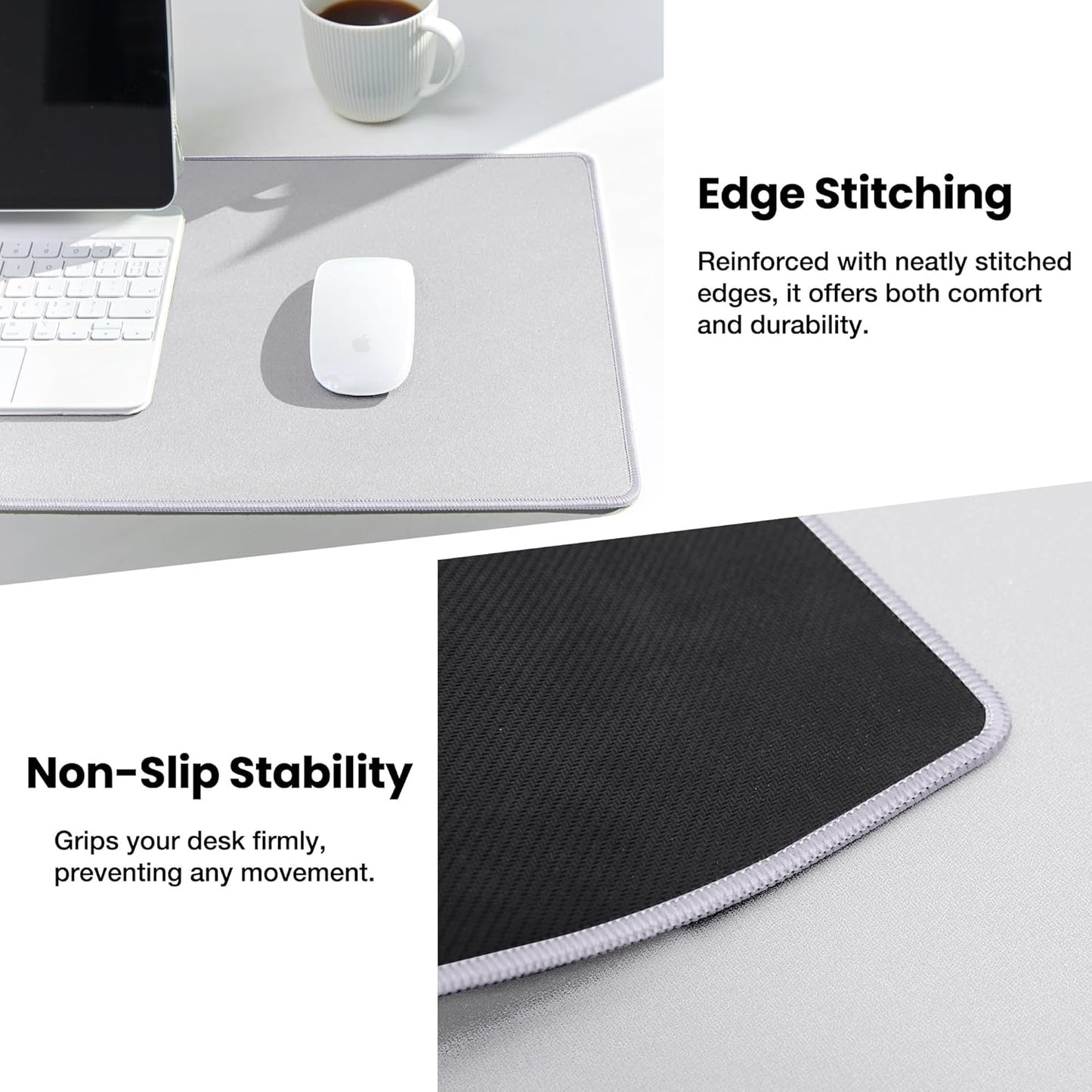 ALOANES Silvery Waterproof Desk Mat, Large Mouse Pad with Extended Mouse Mat, with Anti Slip Base, Stitched Edge, Grain Jacquard Surface, Perfect for Gamer, Office & Home, 11.81''x31.50''x0.12''