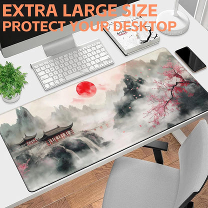 Mouse Pad Large Chinese Landscape Painting Non-Slip Game Desk Mat with Stitched Edge Laptop Keyboard Desk Pad for Work Home Gaming (35.4 x 15.7 Inches)