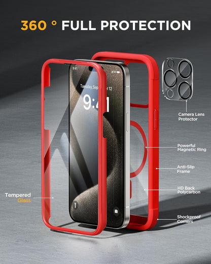 Miracase Magnetic for iPhone 15 Pro Max Case 6.7'' [Compatible with Magsafe] Full-Body Military Drop Proof for iPhone 15 ProMax Case with Built-in 9H Tempered Glass Screen Protector,Red