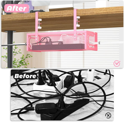 Under Desk Cable Management Tray, 15.7'' No Drill Steel Desk Cable Organizers, Wire Management Tray Cable Management Rack (2 Pack-Pink)