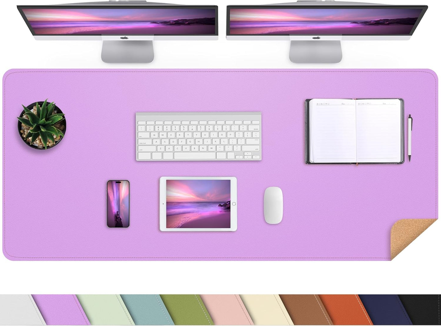 Leather Desk pad Protector, Large Desk mat with Natural Cork & PU Leather,Mouse pad,Non-Slip Office Desk Mat,Waterproof Desk Writing Pad for Office and Home (47in*17in, Purple)