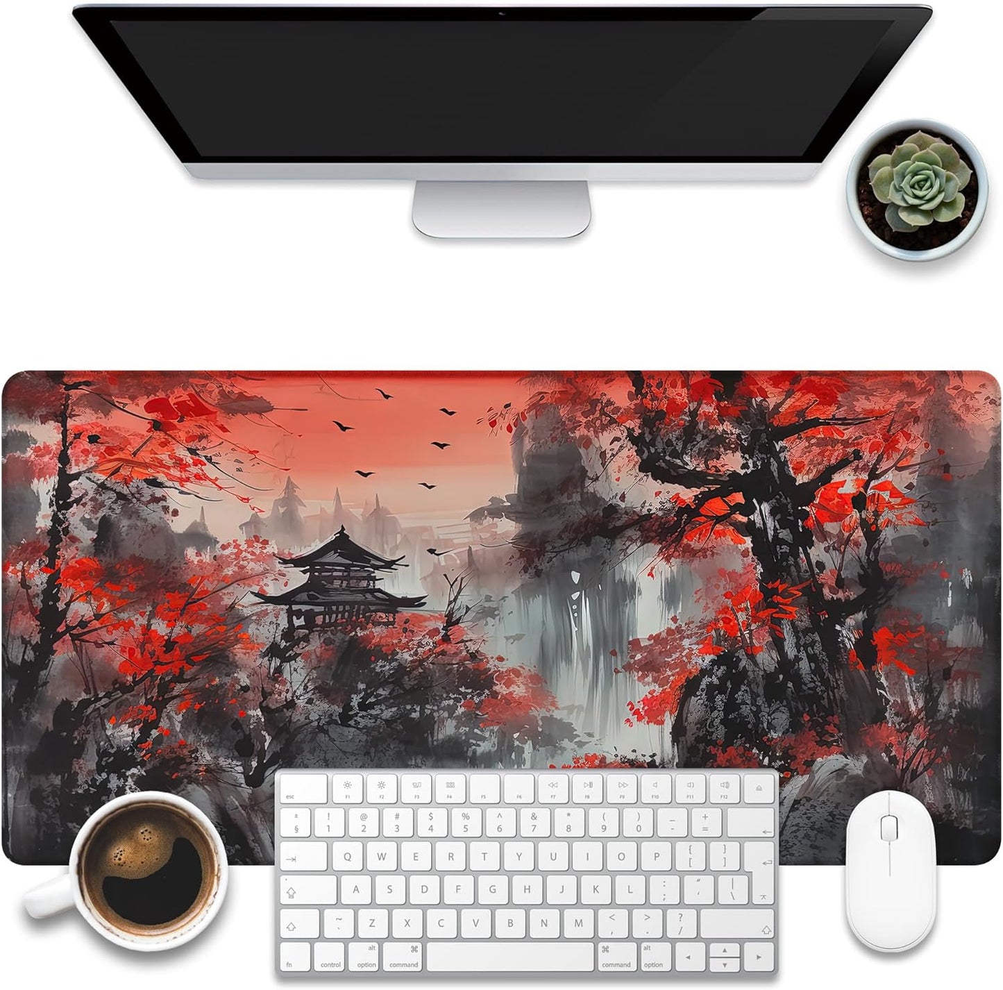 Desk Mat, Red Landscape Painting Desk Pad, Ink Painting Large Gaming Mouse Pad for Desk, 31.5"x15.7" Extended Big Computer Keyboard Mouse Pad with Non-Slip Base and Stitched Edge