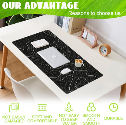 Desk Mat,Black Topographic Contour Map Desk Pad,Topographic Contour Large Gaming Mouse Pad for Desk,Extended Big Computer Keyboard Mouse Pad with Non-Slip Base and Stitched Edge,35.4"x15.7"