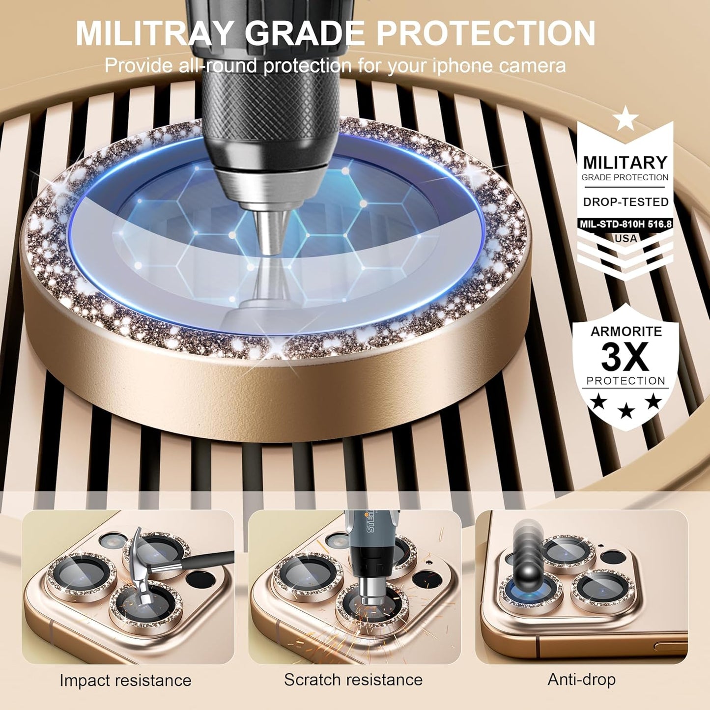 beuxece Compatible for iPhone 16 Pro/iPhone 16 Pro Max Camera Lens Protector, Bling Metal Tempered Glass Camera Screen Cover Accessories [Strong Adsorption][Case-Friendly]- Glitter Titanium Desert