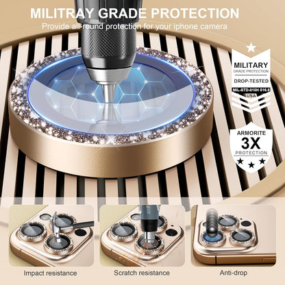 beuxece Compatible for iPhone 16 Pro/iPhone 16 Pro Max Camera Lens Protector, Bling Metal Tempered Glass Camera Screen Cover Accessories [Strong Adsorption][Case-Friendly]- Glitter Titanium Desert