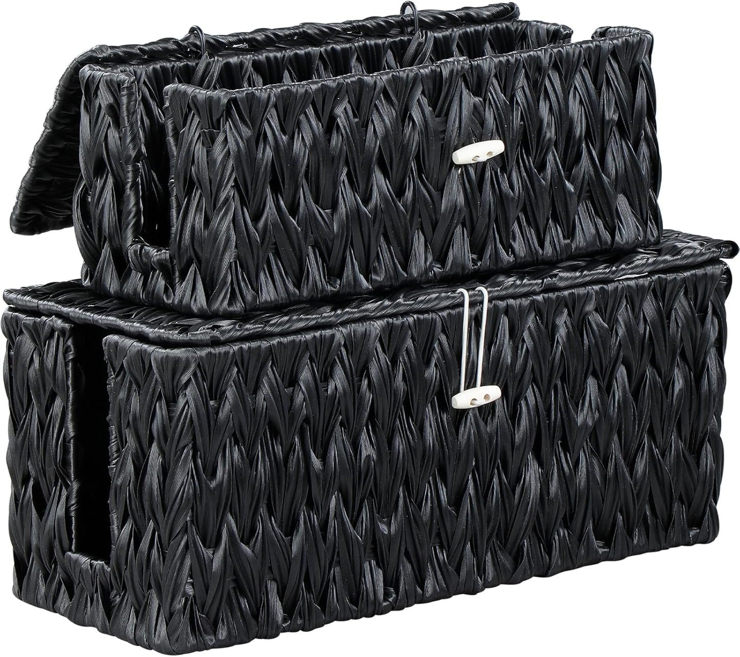 Black Cable Management Box,2 Pack Large & Medium Rattan Cable Organizer Box for Power Strip,2 Open Slots Cords Hider Box for TV Wires, Computer, Router, USB Hub and Under Desk Power Strip