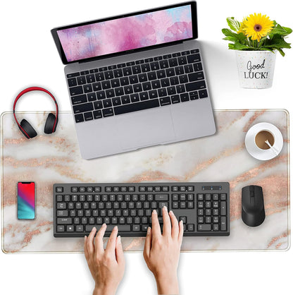 Rose Gold Marble Desk Mat Cute Desk Decor Mouse Pad, Abstraction Metallic Luxury Large Gaming Mousepad (31.5x15.75 in), Women Girly Keyboard Mat Computer Desk Pad for Work/Office/Home