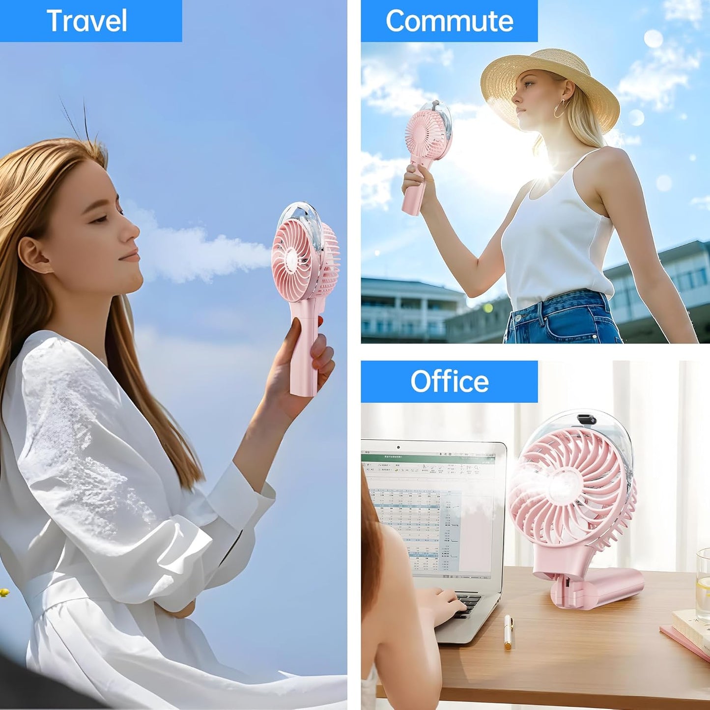 PANERGY Handheld Misting Fan – Rechargeable Battery Operated,Handheld Personal Fan with Mist Spray, Electric Hand Fans, 180° Foldable Mister Fans for Travel, Camping, Disney, Concerts, Office(Pink)