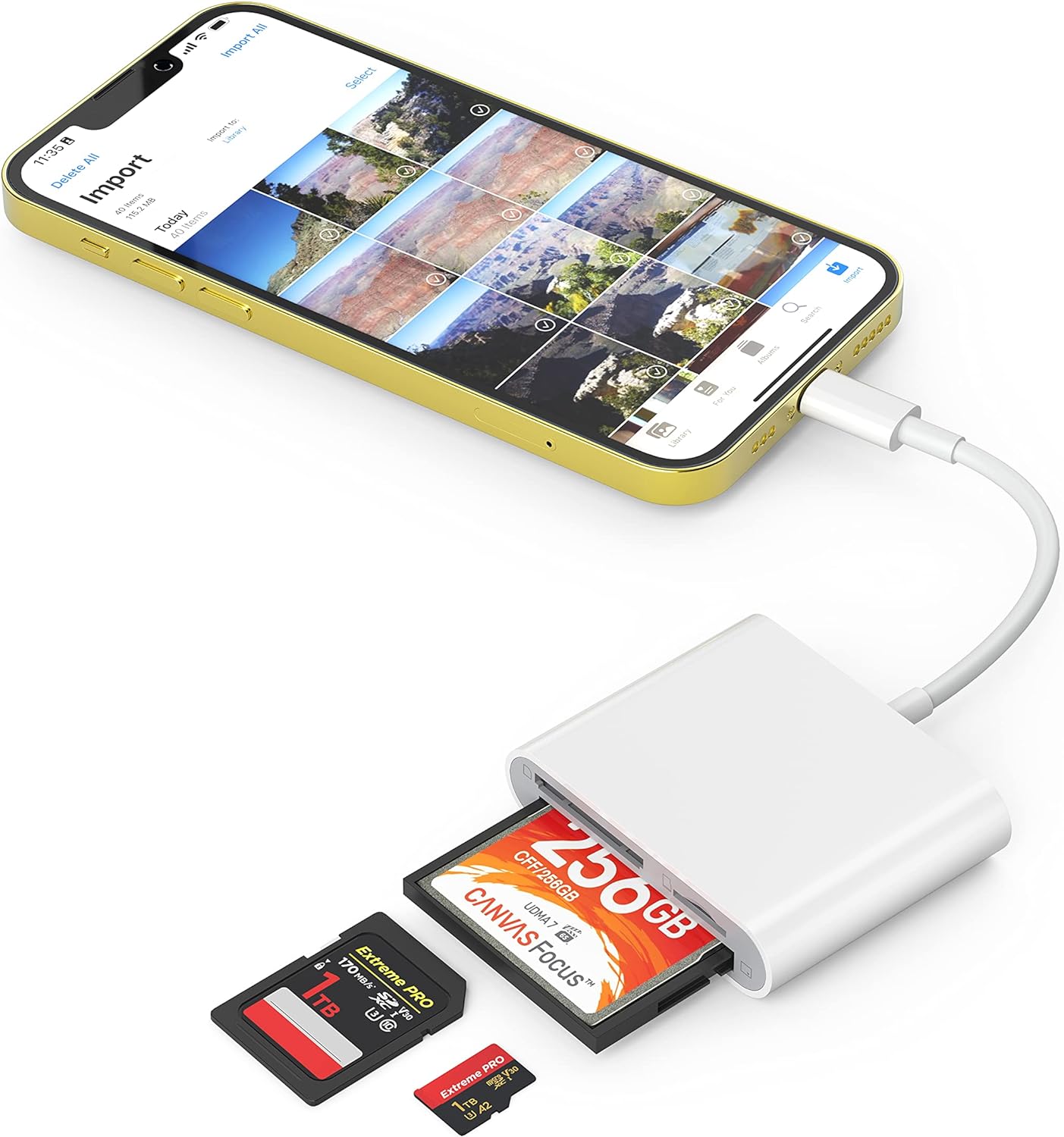 CF SD Card Reader for iPhone iPad, 3 in 1 Compact Flash Memory Card Reader Adapter, 3-Slot MicroSD CF SD Trail Game Digital Camera Viewer for iPhone 14/14 Pro/13/13 Pro No App Required