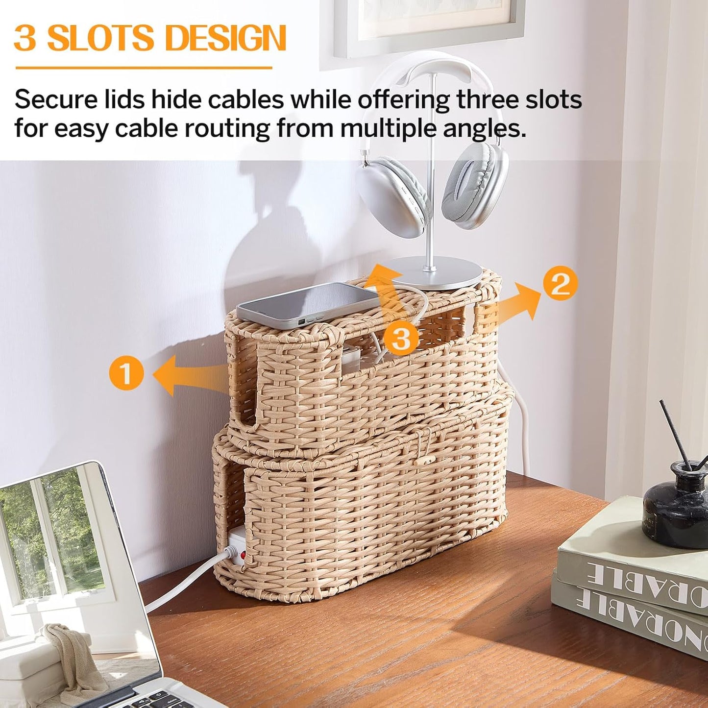 FairyHaus Cable Management Box 2Pack Cream, Handwoven Large and Small Cable Organizer Box Cover to Hide Cords and Power Strip, Imitation Wicker Cord Organizer Box Hider for Office Desk and Floor