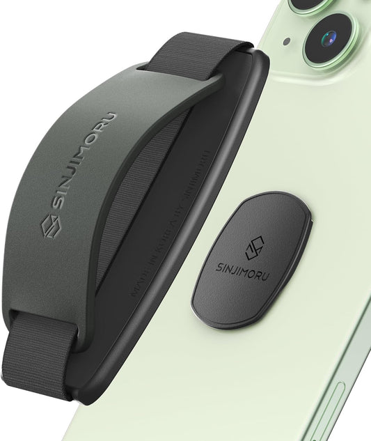 Sinjimoru Detachable Phone Grip Kickstand for Wireless Charging Compatible Phone Finger Holder for iPhone & Smartphones. Sinji Mount S-Grip Olive Grey