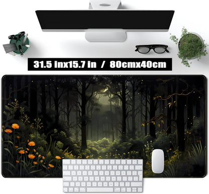 Dark Forest Desk Mat Mouse pad, Green Nature Deskmat XXL Large Extended Aesthetic Plant Mousepad Gaming Desk Pad, Big Laptop Computer Keyboard and Mouse Mat for Women Office Desk Decor 31.5x15.7 in