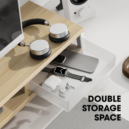 Fenge Dual Monitor Stand, Monitor Riser with Drawer, 42.5 Inch Large Computer Monitor Stand for 2 Monitors, 2 Tier Wooden Desk Shelf for Top of Desk