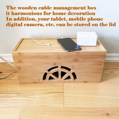 Cable Management Box,Cord Organizer Box,Bamboo Cable Organizer Box for fit Desk Computer USB Behind TV Home Hall Computer Power