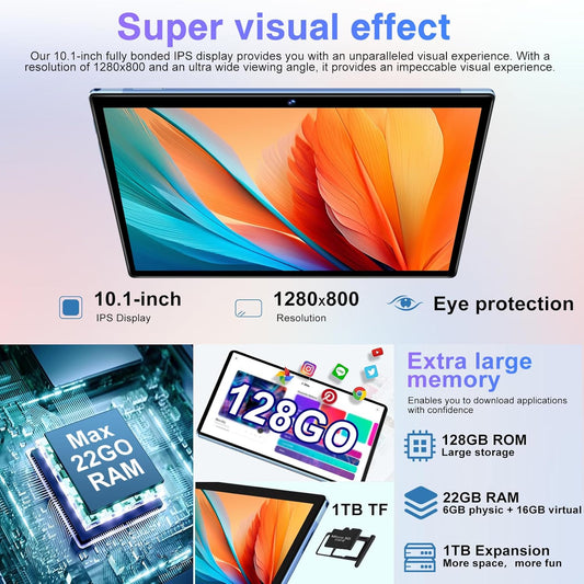 Android Tablet with Keyboard, 10 inch Android 14 Tablets 22GB+128GB, Octa-Core CPU, 8000mAh, HD IPS Display, 5G WiFi, BT 5.0, GPS, Widevine L1, 1TB Expandable, Mouse, Split Screen, Metal Body -Blue