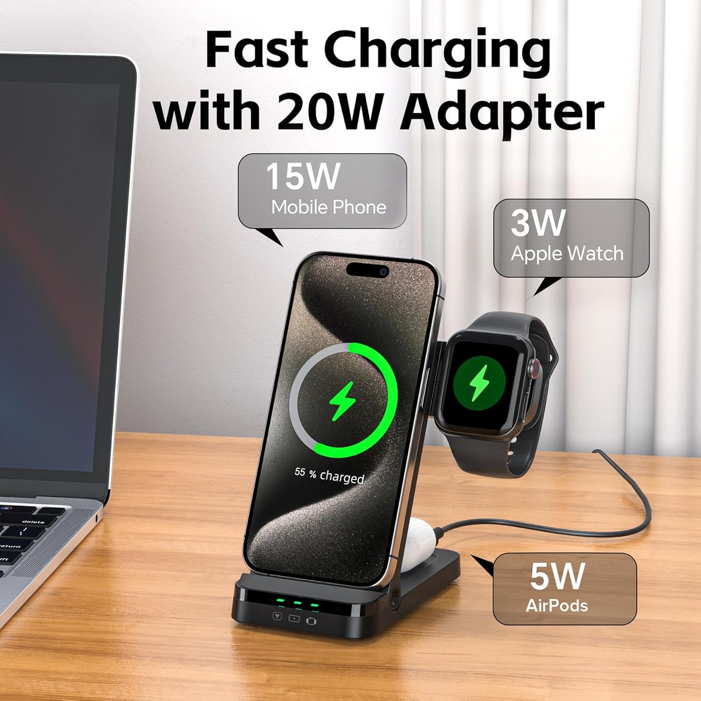 Wireless Charger, Tribone 3 in 1 Foldable Fast Charger for iPhone 17 16 15 14 13 12 11 Pro Max XR XS 8 Plus，for Apple Watch 10 9 8 7 6 5 4 3 2 SE Ultra,for AirPods Pro 4 3 2, Black