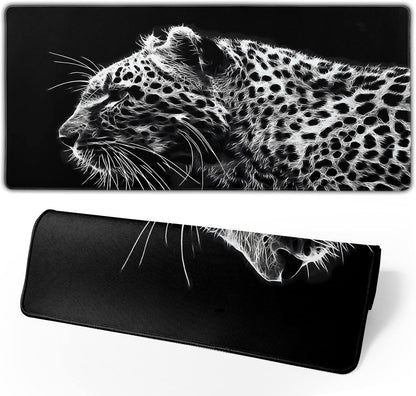 Black and White Gaming Mouse Pad 31.5 x 11.8 Inch Extended Large Mouse Pad with Non-Slip Base and Stitched Edges for Gamer Home Office, Black Leopard