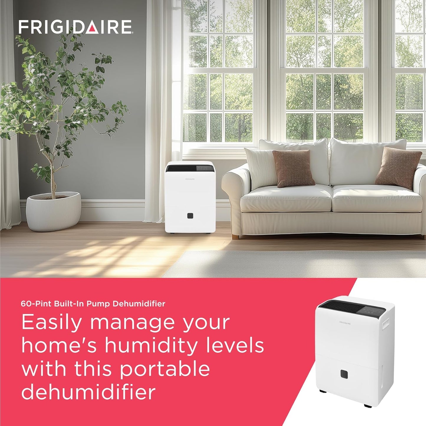 Frigidaire 60-Pint Portable Dehumidifier with Built-In Pump for Large Rooms & Basements, Custom Humidity Control, Auto Shut Off, White