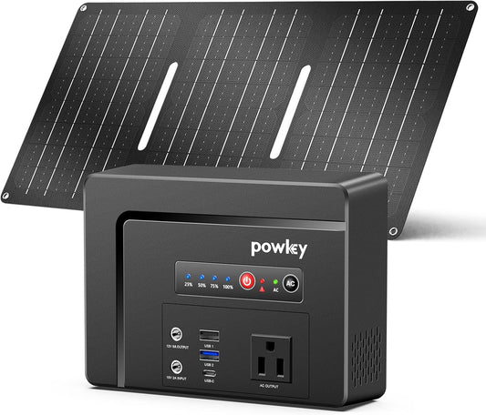 Powkey Solar Powered Generator 100W Rated, 97Wh Portable Power Station with Solar Panels 30W Included, Fast Charging Power Bank with AC Outlet 110V/PD65W USB C/QC 3.0 for Outdoor Camping Home Backup